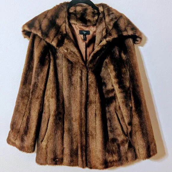 Aqua Brown Faux Fur Coat Mink Look Satin Lining Jacket Size Small - Picture 2 of 10